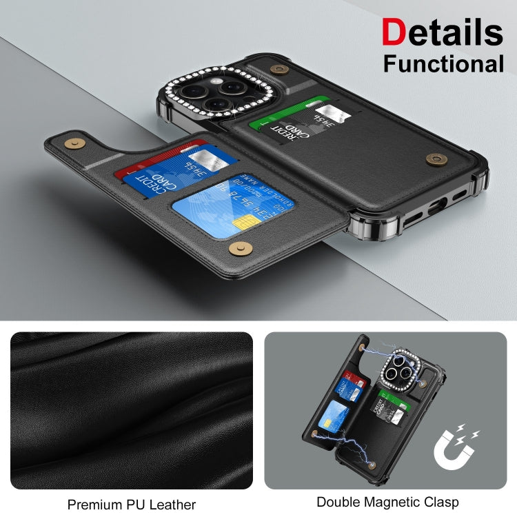 For iPhone 15 Pro Diamond Horizontal Card Bag Leather Phone Case