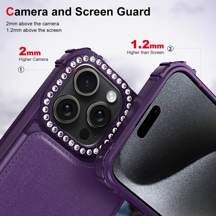For iPhone 15 Pro Diamond Horizontal Card Bag Leather Phone Case