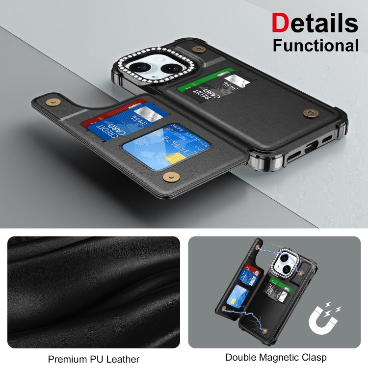 For iPhone 15 Plus Diamond Horizontal Card Bag Leather Phone Case