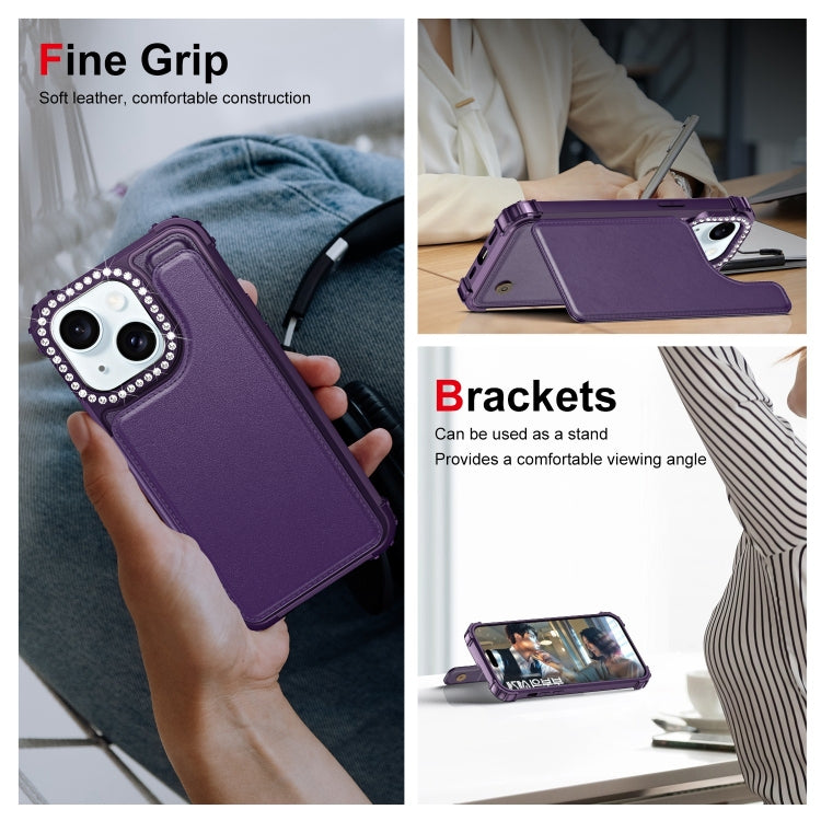 For iPhone 15 Plus Diamond Horizontal Card Bag Leather Phone Case