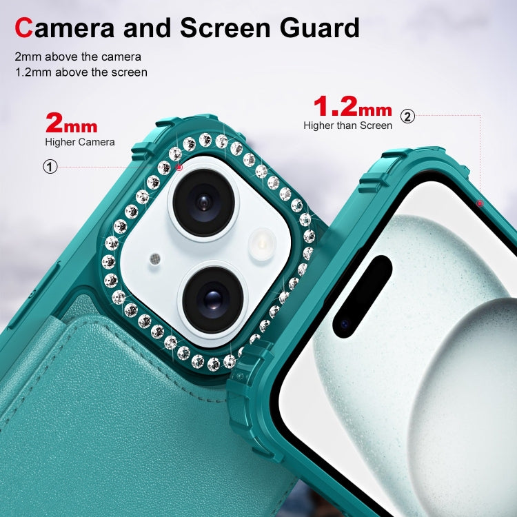 For iPhone 15 Plus Diamond Horizontal Card Bag Leather Phone Case