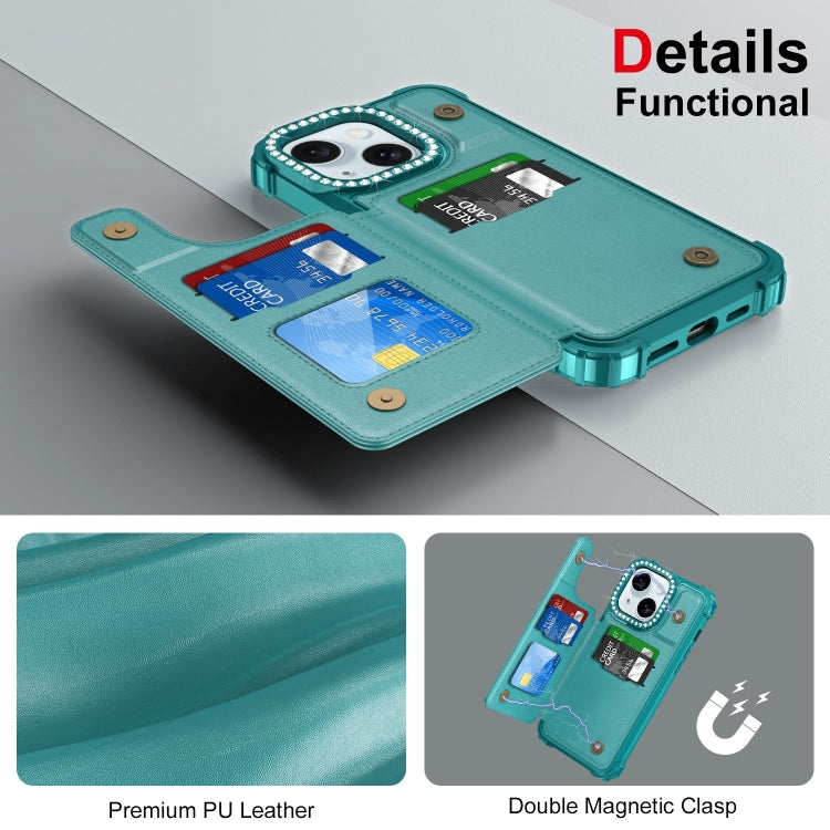 For iPhone 15 Plus Diamond Horizontal Card Bag Leather Phone Case