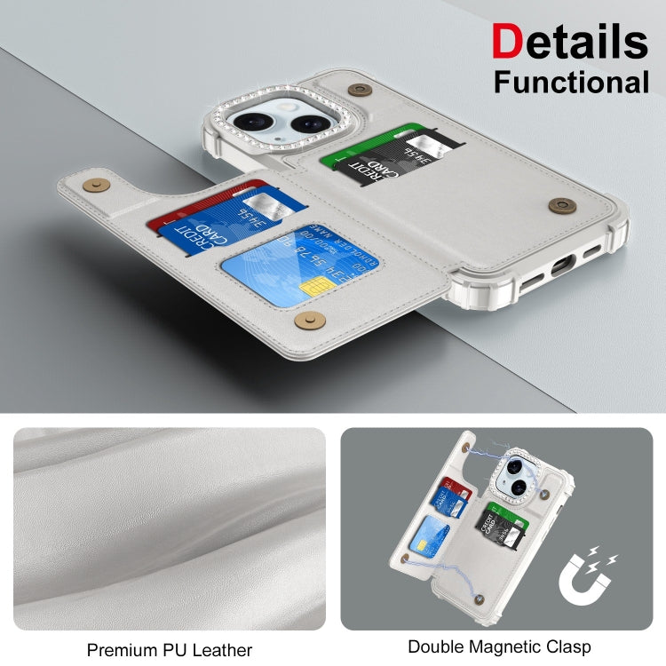 For iPhone 15 Plus Diamond Horizontal Card Bag Leather Phone Case
