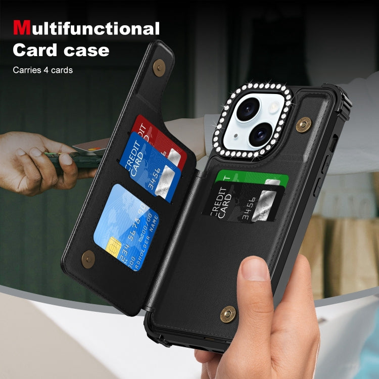For iPhone 15 Diamond Horizontal Card Bag Leather Phone Case