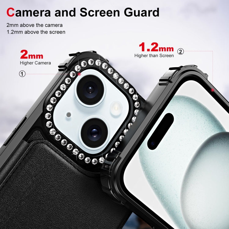 For iPhone 15 Diamond Horizontal Card Bag Leather Phone Case