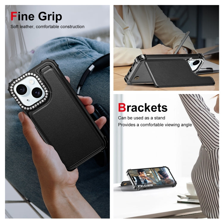 For iPhone 15 Diamond Horizontal Card Bag Leather Phone Case