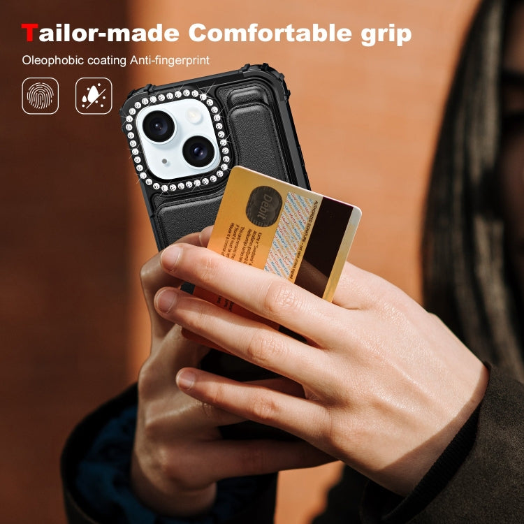 For iPhone 15 Diamond Horizontal Card Bag Leather Phone Case