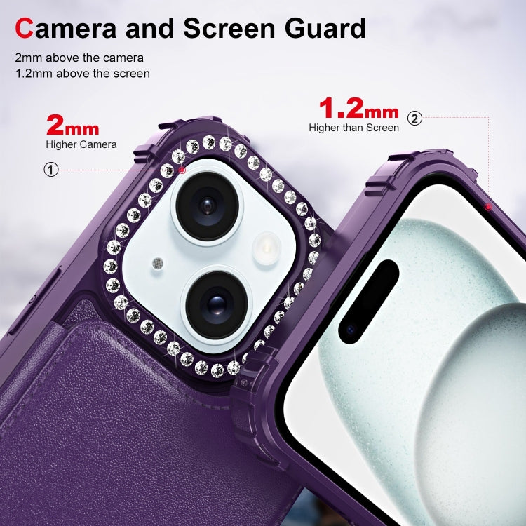 For iPhone 15 Diamond Horizontal Card Bag Leather Phone Case