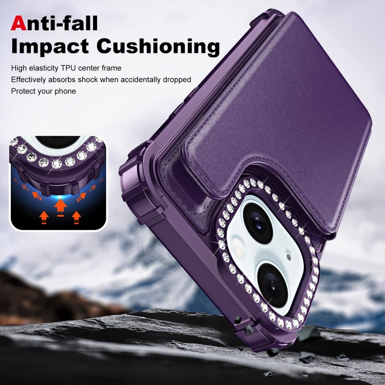 For iPhone 15 Diamond Horizontal Card Bag Leather Phone Case