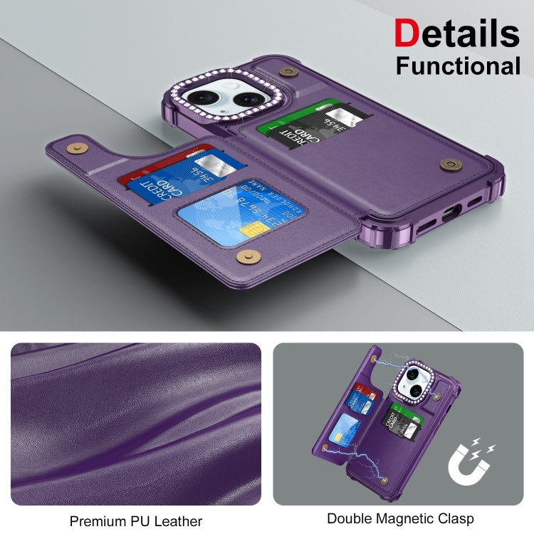 For iPhone 15 Diamond Horizontal Card Bag Leather Phone Case