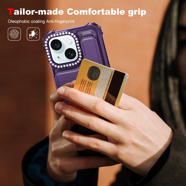 For iPhone 15 Diamond Horizontal Card Bag Leather Phone Case