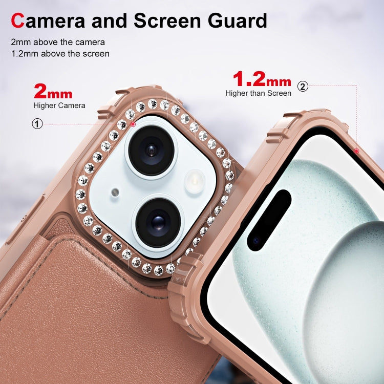 For iPhone 15 Diamond Horizontal Card Bag Leather Phone Case