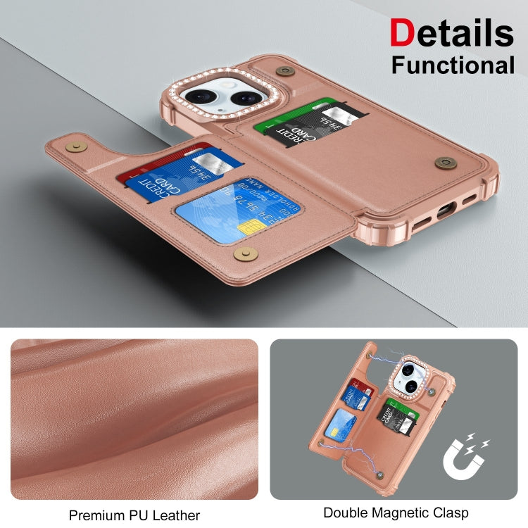 For iPhone 15 Diamond Horizontal Card Bag Leather Phone Case
