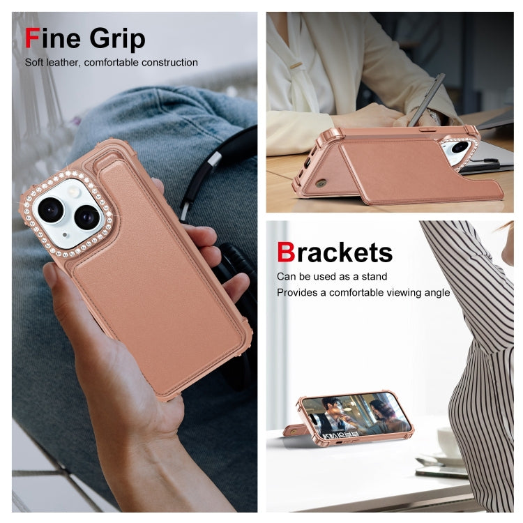 For iPhone 15 Diamond Horizontal Card Bag Leather Phone Case