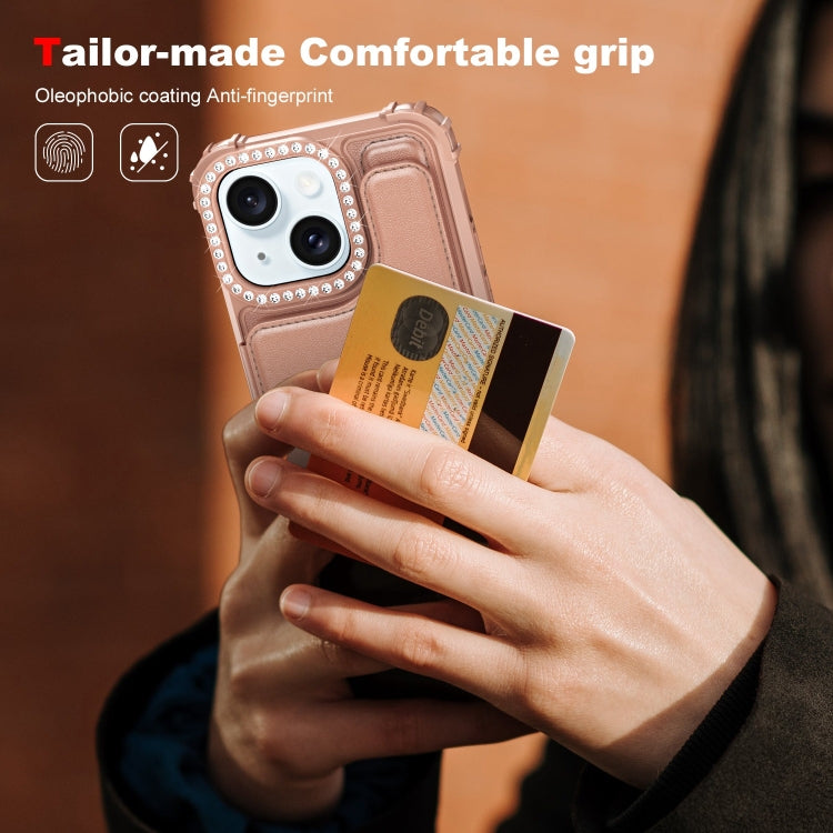 For iPhone 15 Diamond Horizontal Card Bag Leather Phone Case
