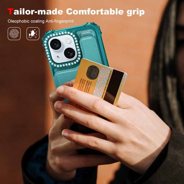 For iPhone 15 Diamond Horizontal Card Bag Leather Phone Case