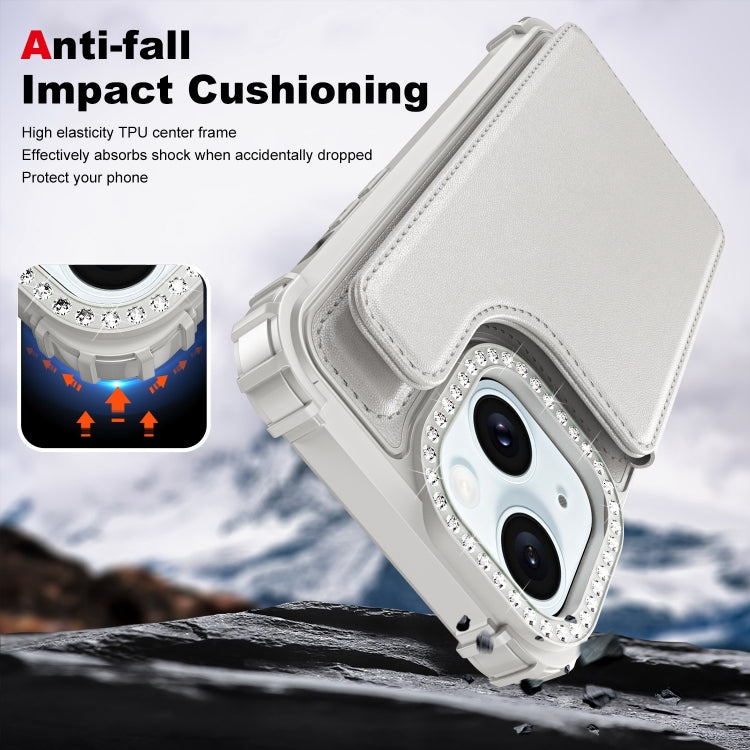 For iPhone 15 Diamond Horizontal Card Bag Leather Phone Case
