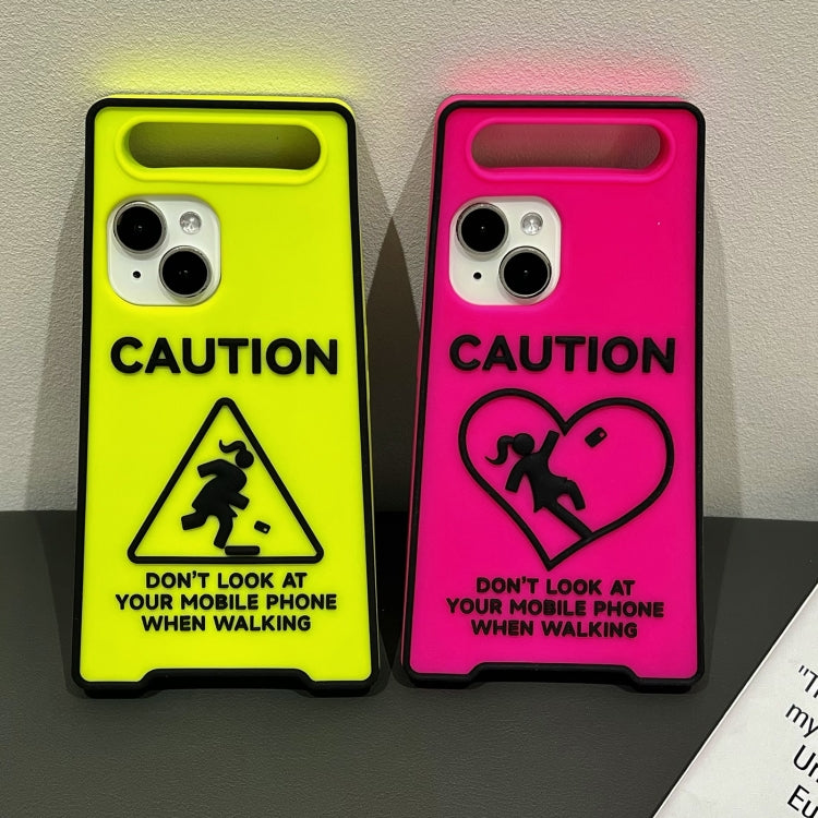 For iPhone 15 Pro Warning Signs Noctilucent Silicone Phone Case