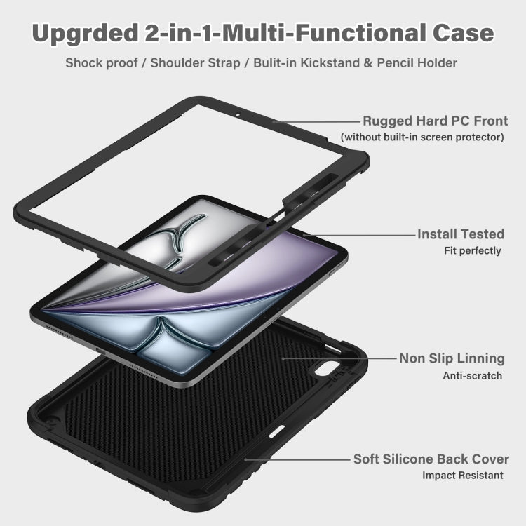 For iPad Air 11 2026 / 2025 / 2024 Kickstand PC Hybrid Silicone Tablet Case with Strap