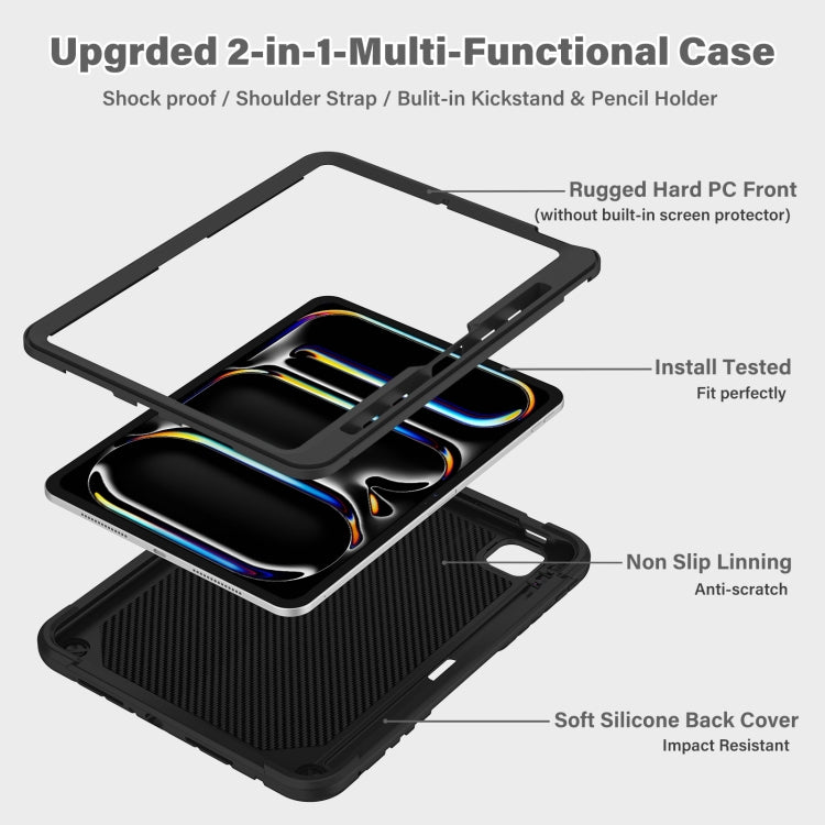 For iPad Pro 11 2025 / 2024 Kickstand PC Hybrid Silicone Tablet Case with Strap