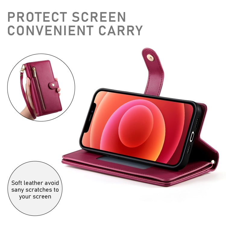 For iPhone 12 / 12 Pro Nine Card-slot Zipper Wallet Bag Leather Phone Case