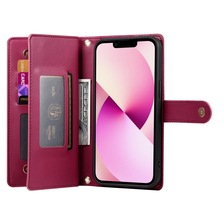 For iPhone 13 Nine Card-slot Zipper Wallet Bag Leather Phone Case