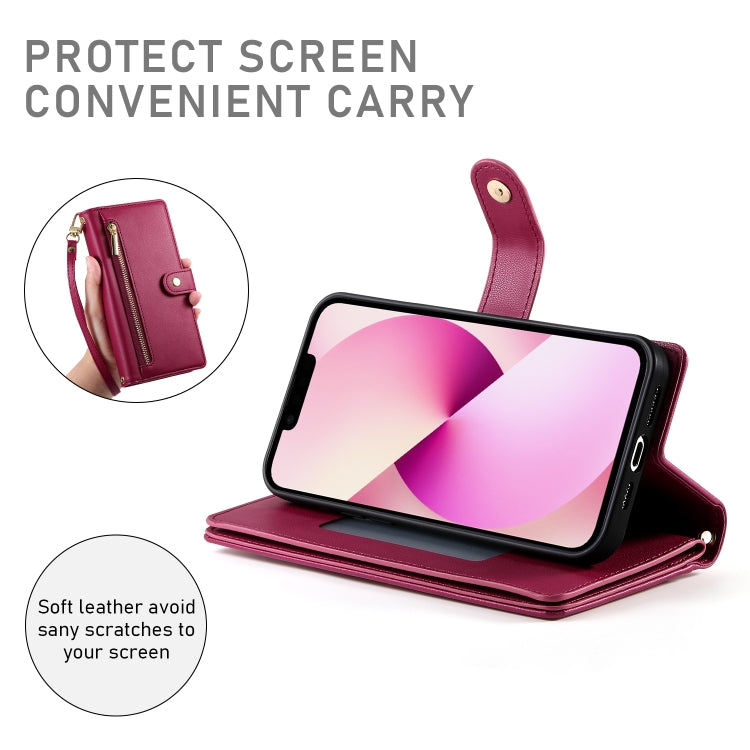 For iPhone 13 Nine Card-slot Zipper Wallet Bag Leather Phone Case
