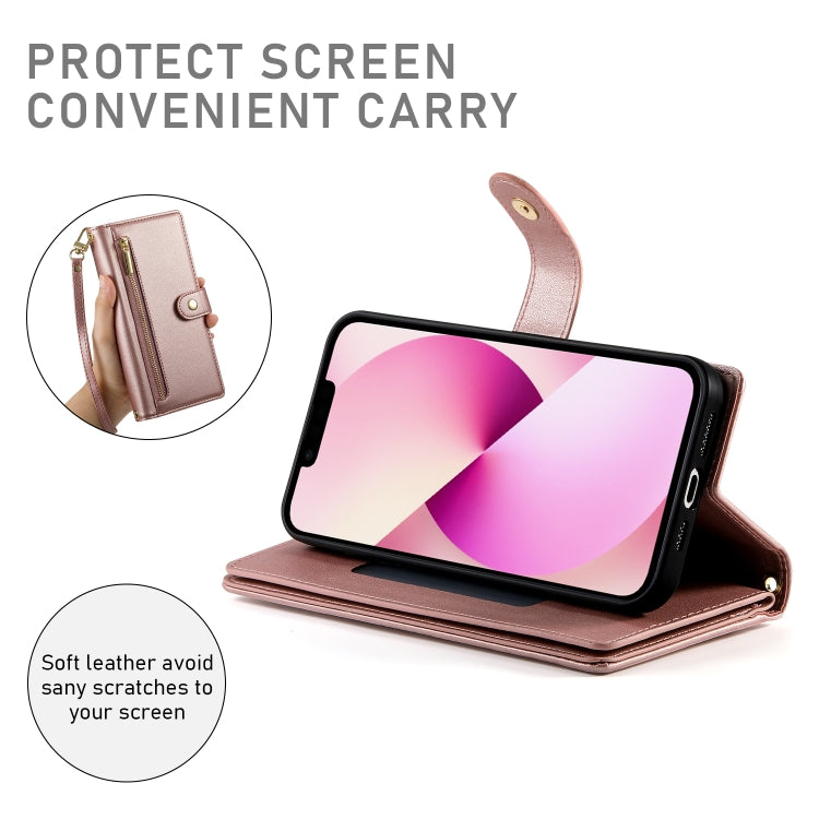 For iPhone 13 Nine Card-slot Zipper Wallet Bag Leather Phone Case
