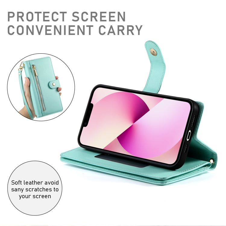 For iPhone 13 Nine Card-slot Zipper Wallet Bag Leather Phone Case