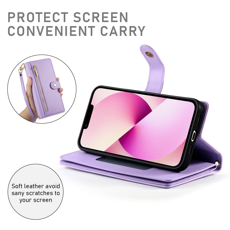 For iPhone 13 Nine Card-slot Zipper Wallet Bag Leather Phone Case