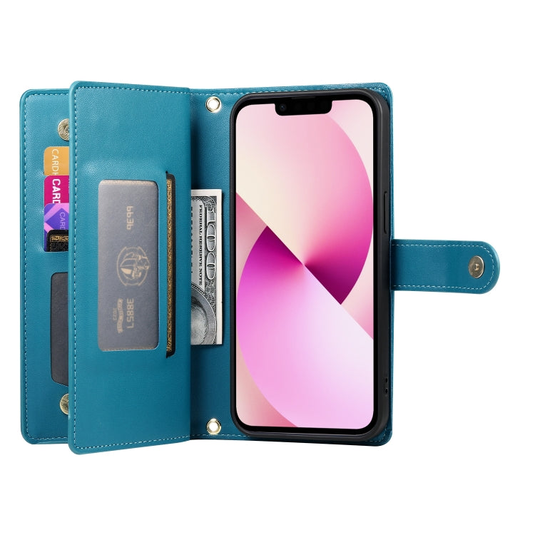 For iPhone 13 Nine Card-slot Zipper Wallet Bag Leather Phone Case