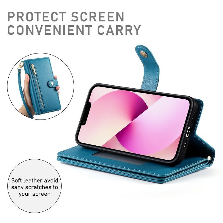 For iPhone 13 Nine Card-slot Zipper Wallet Bag Leather Phone Case