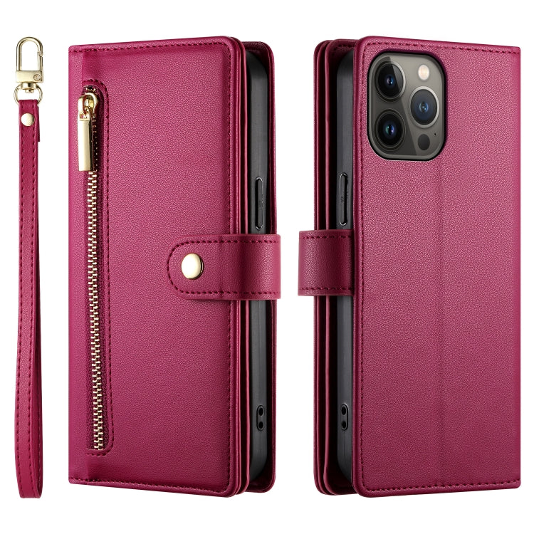 For iPhone 13 Pro Max Nine Card-slot Zipper Wallet Bag Leather Phone Case