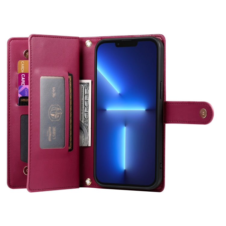 For iPhone 13 Pro Max Nine Card-slot Zipper Wallet Bag Leather Phone Case