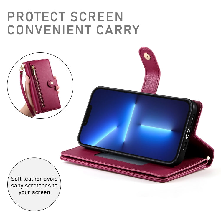 For iPhone 13 Pro Max Nine Card-slot Zipper Wallet Bag Leather Phone Case
