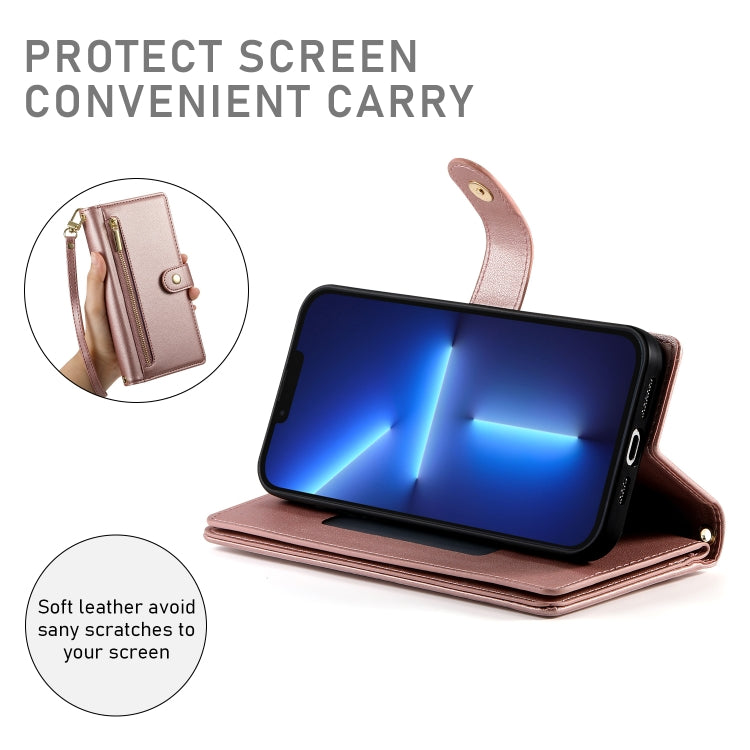 For iPhone 13 Pro Max Nine Card-slot Zipper Wallet Bag Leather Phone Case
