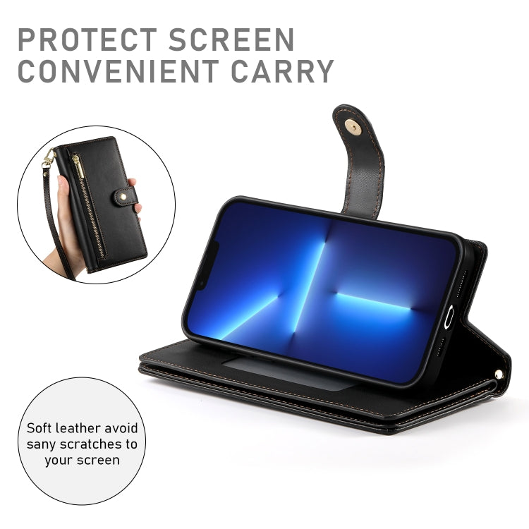 For iPhone 13 Pro Max Nine Card-slot Zipper Wallet Bag Leather Phone Case