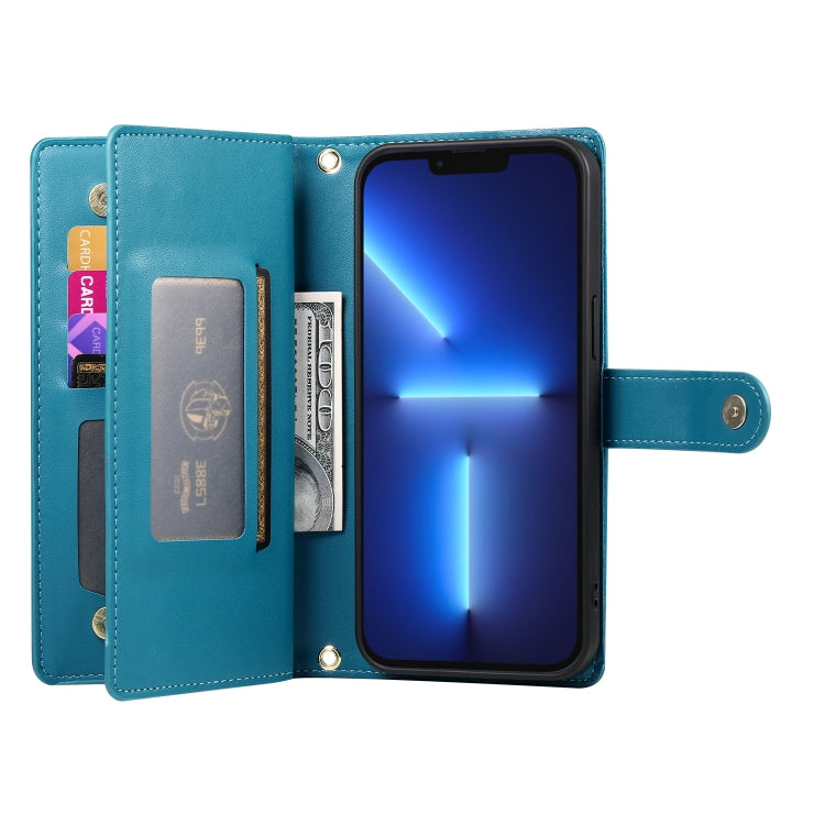 For iPhone 13 Pro Max Nine Card-slot Zipper Wallet Bag Leather Phone Case