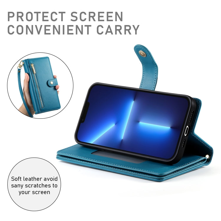 For iPhone 13 Pro Max Nine Card-slot Zipper Wallet Bag Leather Phone Case