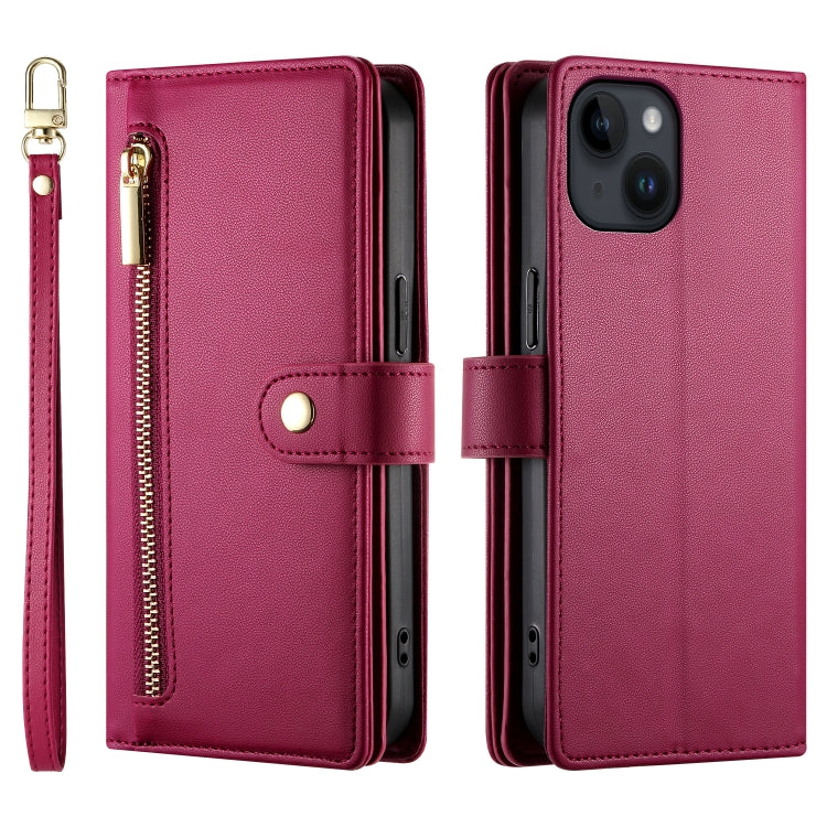 For iPhone 14 Nine Card-slot Zipper Wallet Bag Leather Phone Case