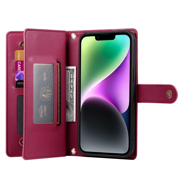 For iPhone 14 Nine Card-slot Zipper Wallet Bag Leather Phone Case