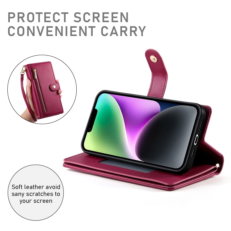 For iPhone 14 Nine Card-slot Zipper Wallet Bag Leather Phone Case