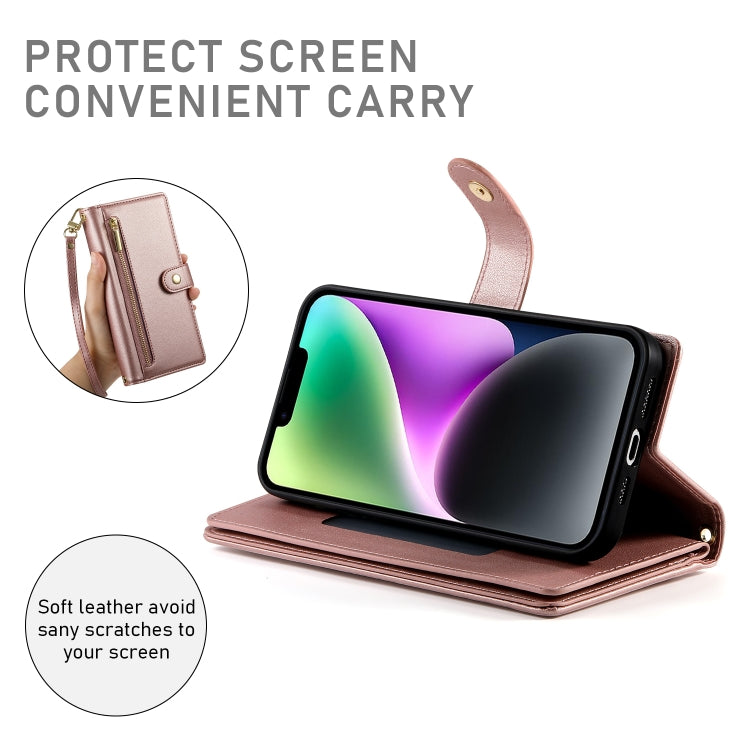 For iPhone 14 Nine Card-slot Zipper Wallet Bag Leather Phone Case