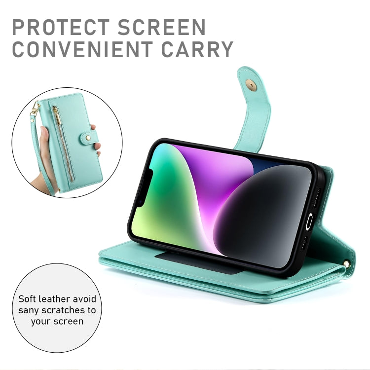For iPhone 14 Nine Card-slot Zipper Wallet Bag Leather Phone Case