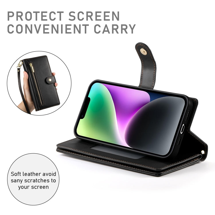For iPhone 14 Nine Card-slot Zipper Wallet Bag Leather Phone Case