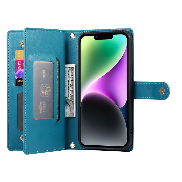 For iPhone 14 Nine Card-slot Zipper Wallet Bag Leather Phone Case