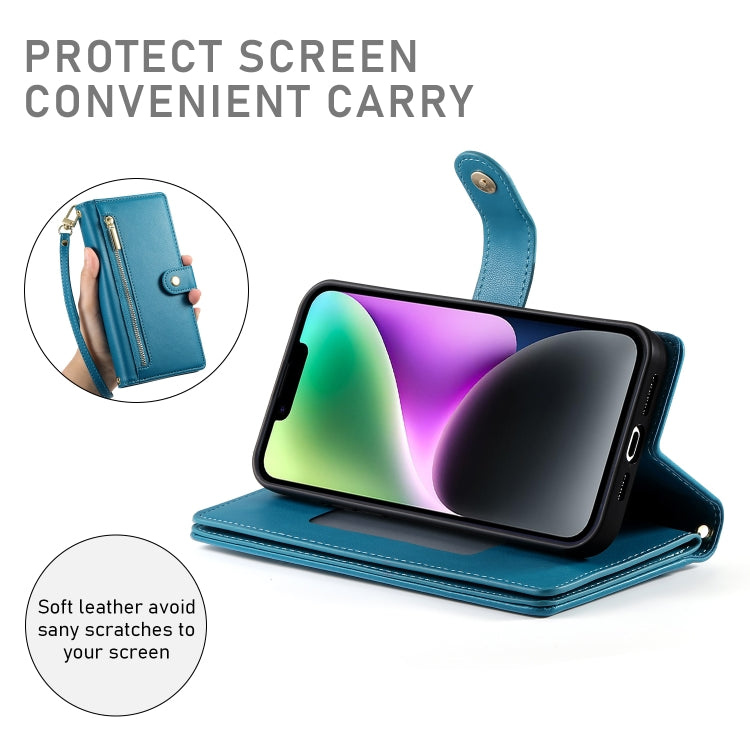 For iPhone 14 Nine Card-slot Zipper Wallet Bag Leather Phone Case