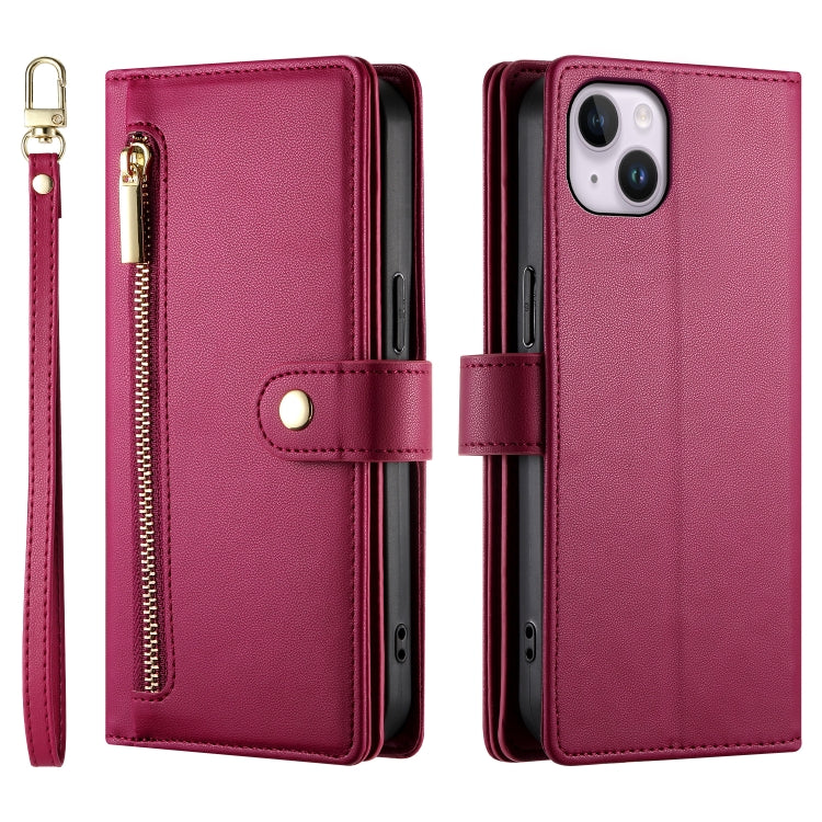 For iPhone 14 Plus Nine Card-slot Zipper Wallet Bag Leather Phone Case