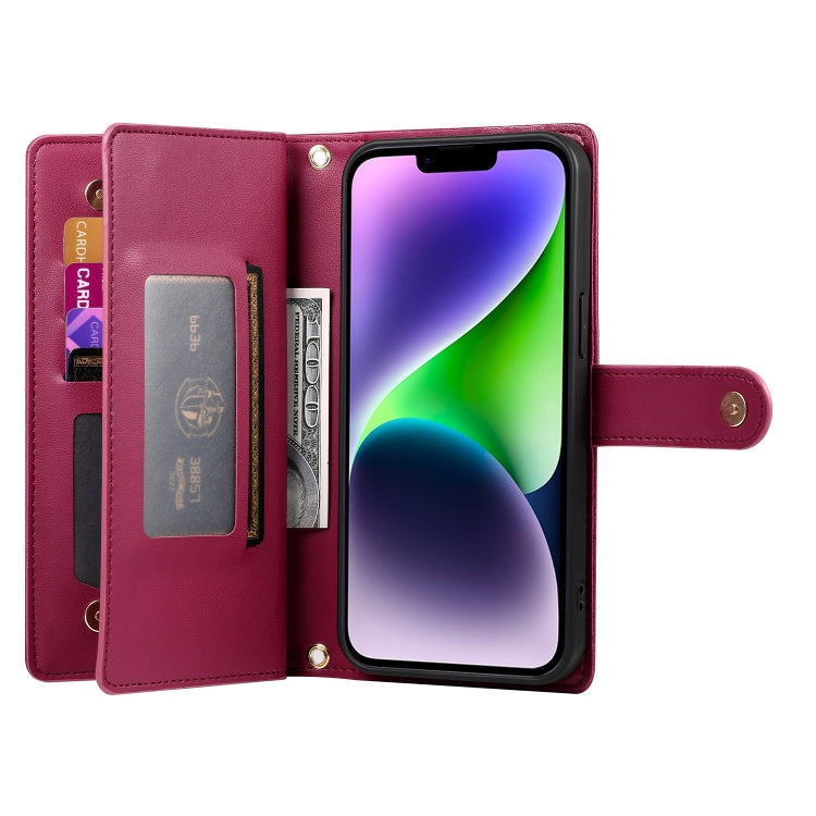 For iPhone 14 Plus Nine Card-slot Zipper Wallet Bag Leather Phone Case