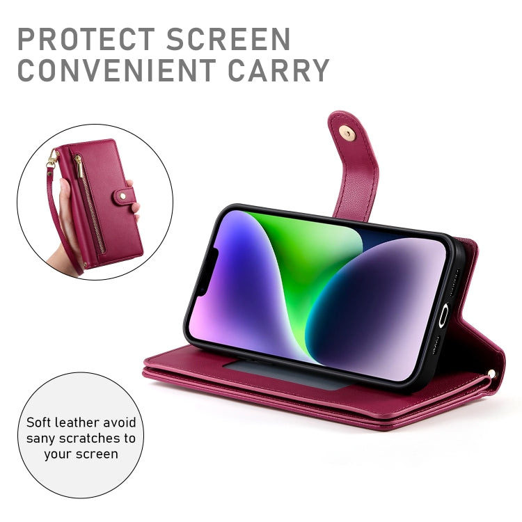 For iPhone 14 Plus Nine Card-slot Zipper Wallet Bag Leather Phone Case